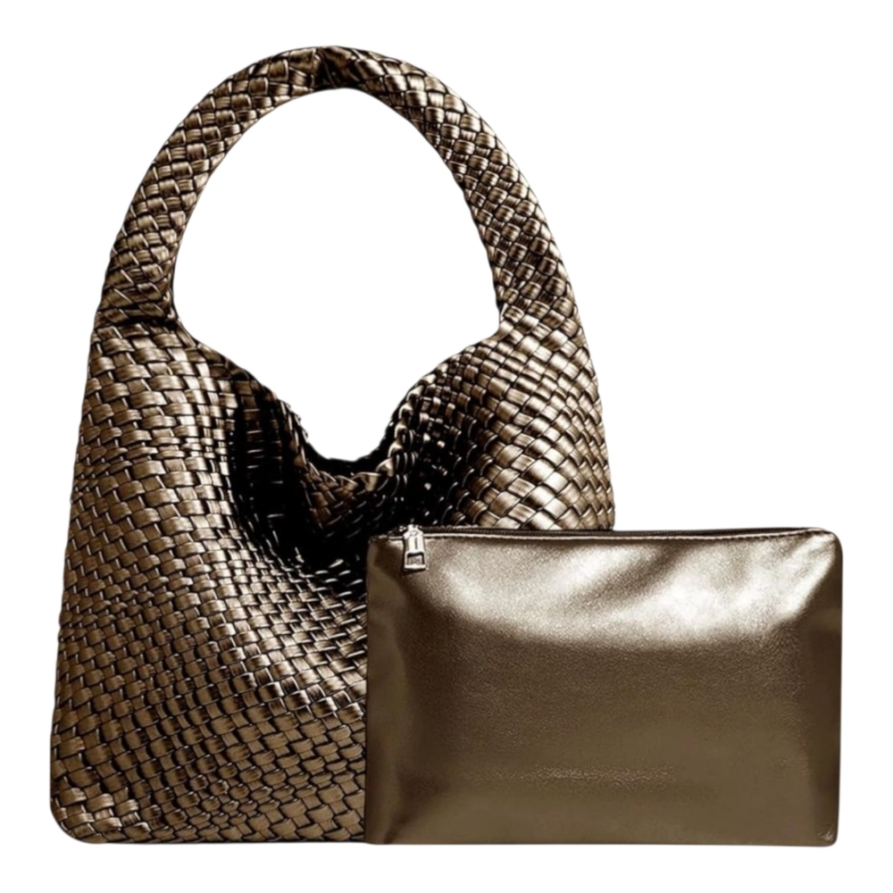 Women Vegan Leather Hand-Woven Tote Handbag Metalic Bronze
